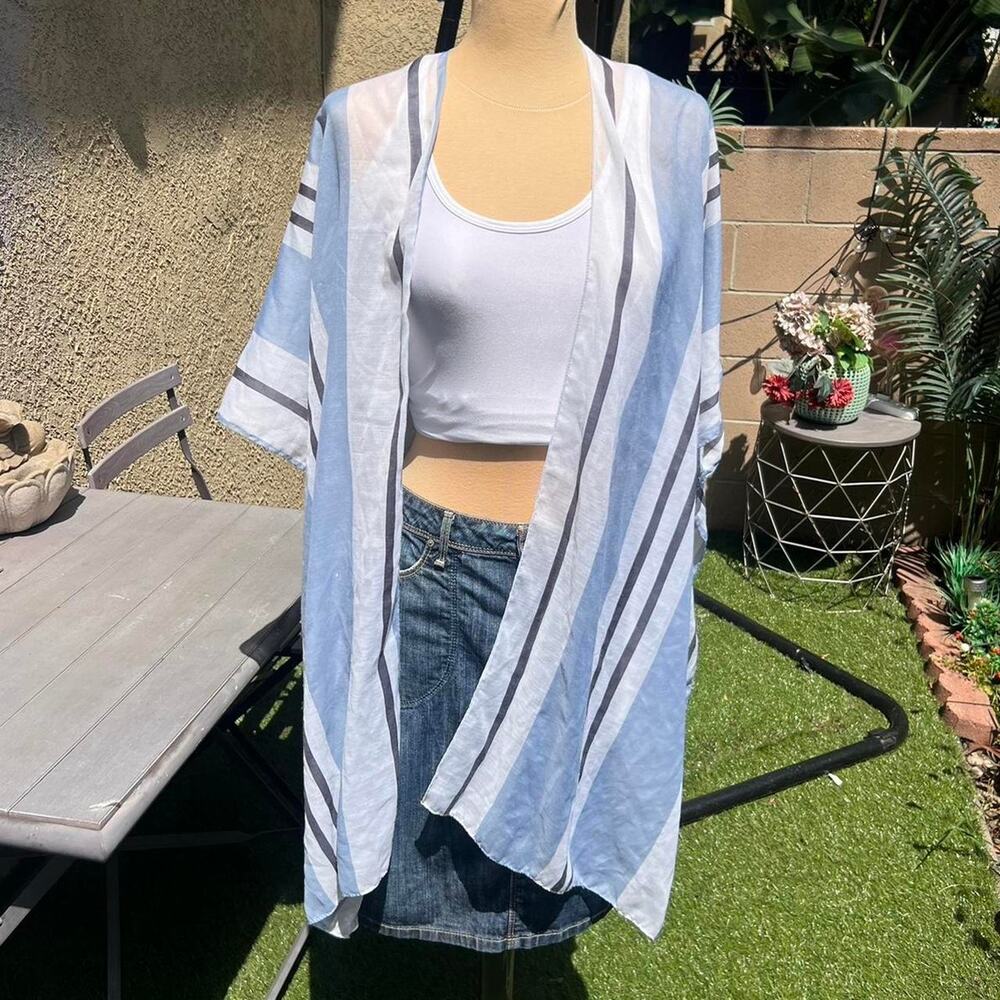 Guess Blue and White Striped Kimono Shawl Coverup